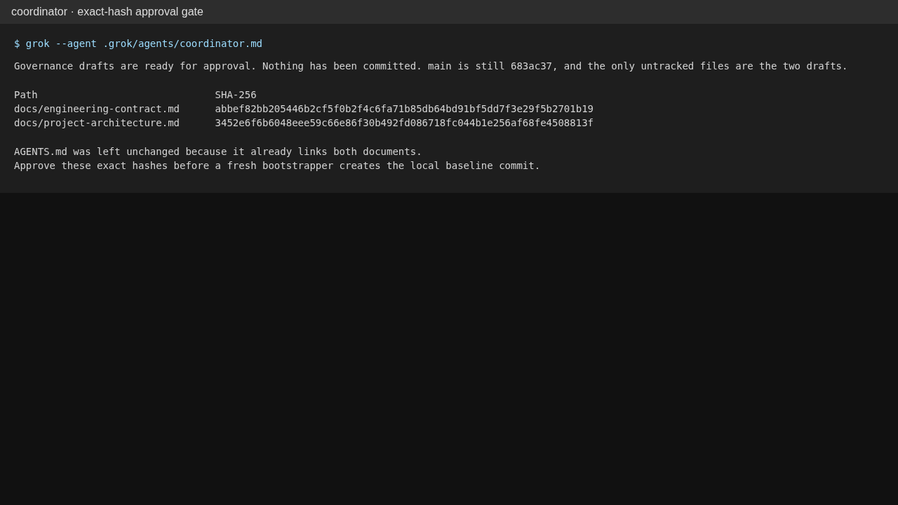 Coordinator asking for approval of the two governance file hashes