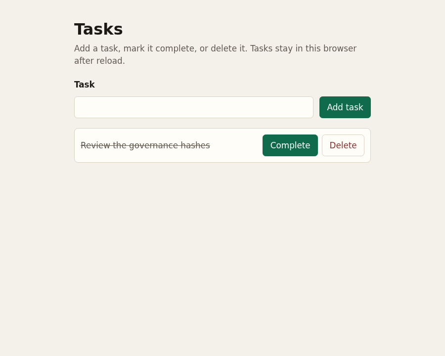 Tasks page after adding Review the governance hashes
